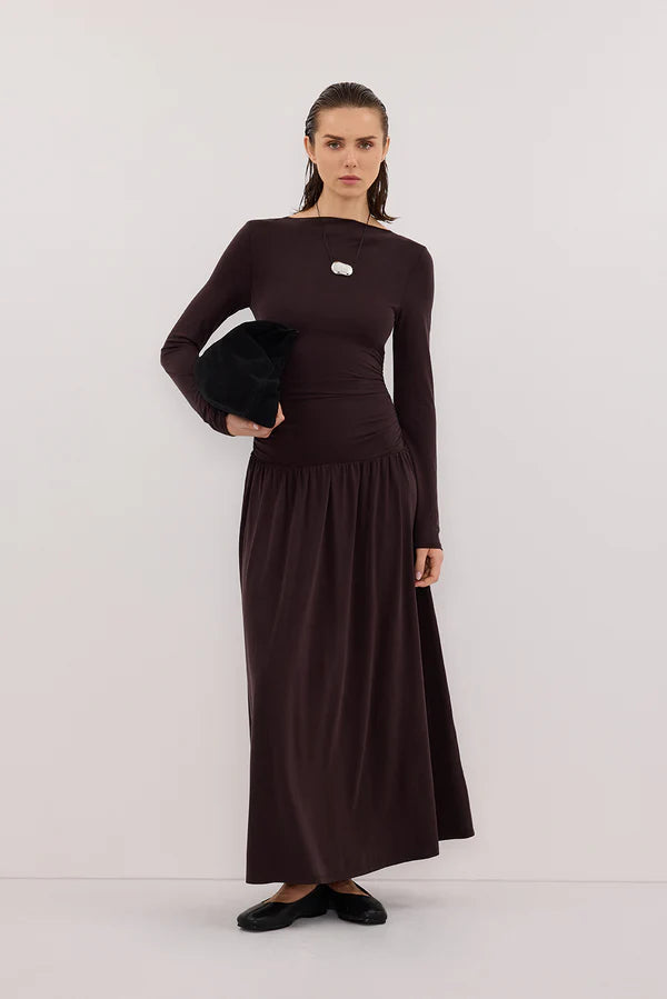 MEG BURNT CHOC LONG SLEEVE KNIT MIDI DRESS